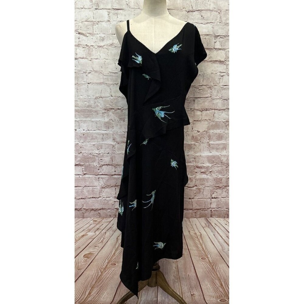 Diane Von Furstenberg Womens Black Silk Bird Print Asymmetric Ruffle Midi Dress